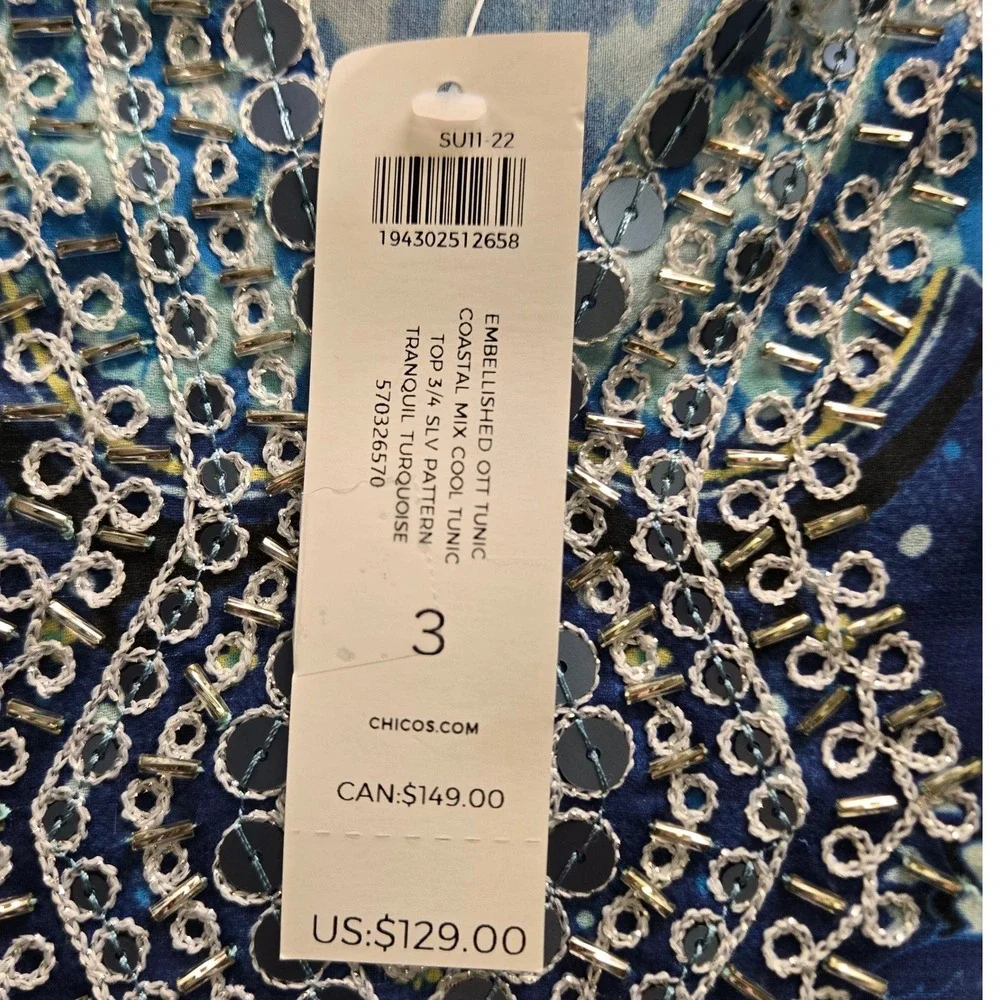 Chicos Embellished Tunic Coastal Sheer‎ Sz 3 16/18 Turquoise Blue Paisley Animal